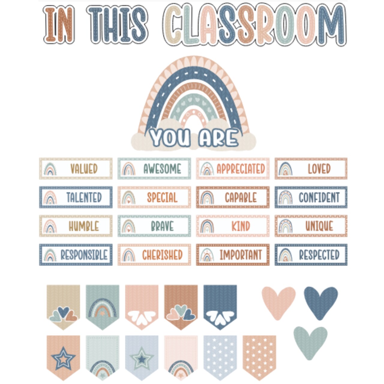 4E's Novelty 36 Pcs “In This Classroom You Are” Boho Classroom Bulletin Board Sets, Boho Motivational Bulletin Board Decorations with Rainbow, Hearts & Feel Positive Affirmations Wall Decor Classroom